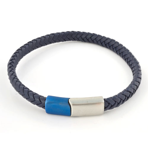 Blue leather woven bracelet with brushed blue & steel magnetic clasp