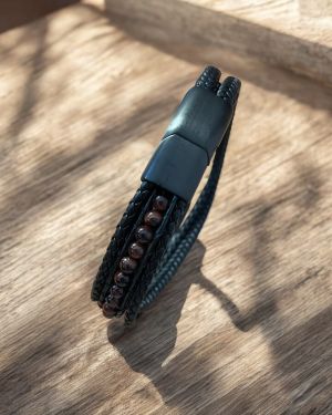 Black Multistrand and Brown Bead Leather Bracelet
