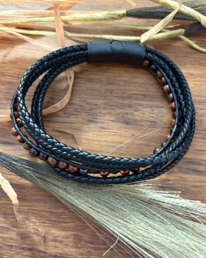 Black Multistrand and Brown Bead Leather Bracelet