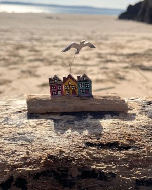 Houses and Seagull Driftwood Decoration