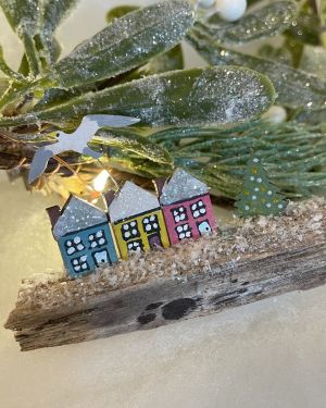 Three Houses And A Seagull Driftwood Log