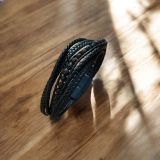 Black Multistrand And Black Bead With Brown Leather Bracelet