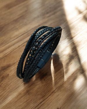 Black Multistrand And Black Bead With Brown Leather Bracelet