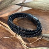 Black Multistrand And Black Bead With Brown Leather Bracelet