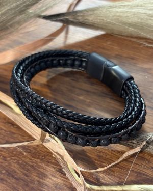 Black Multistrand And Black Bead With Brown Leather Bracelet