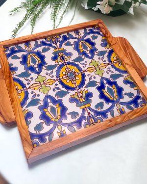 Square Olivewood Ceramic Tray With Handle