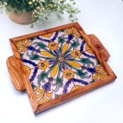 Square Olivewood Ceramic Tray With Handle