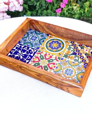 Rectangular Olivewood Ceramic Mosaic Tray With Handle