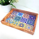 Large Rectangular Olivewood Ceramic Mosaic Tray With Handle