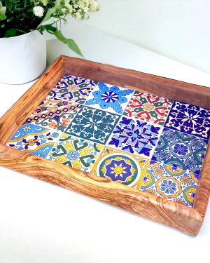 Large Rectangular Olivewood Ceramic Mosaic Tray With Handle