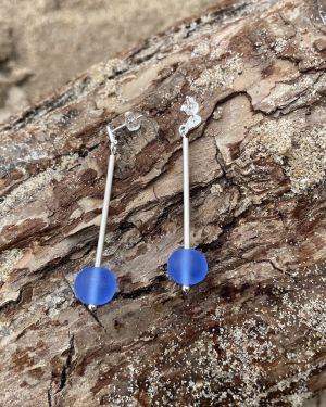 Dark Blue Sea Glass Dangler Earrings