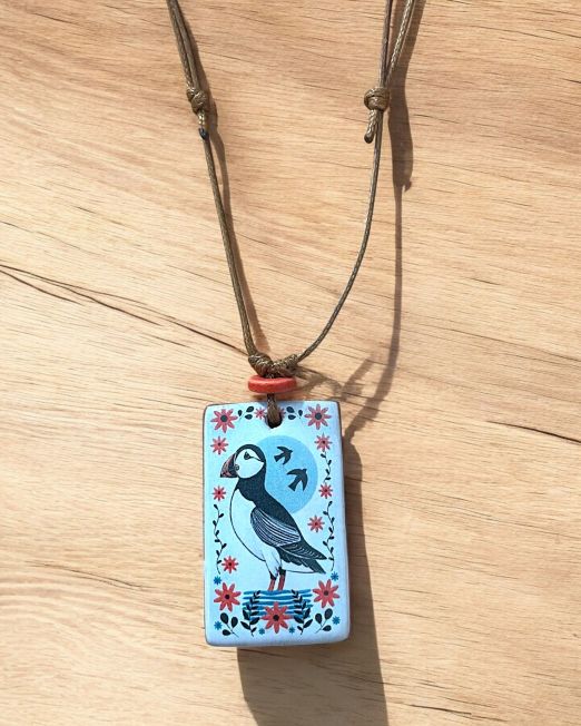 Ceramic Floral Puffin Rectangular Necklace