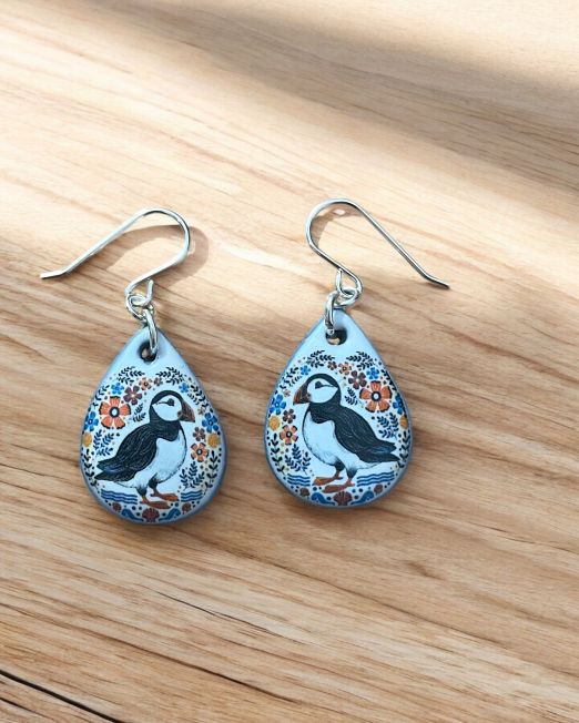 Ceramic Floral Puffin Oval Earrings