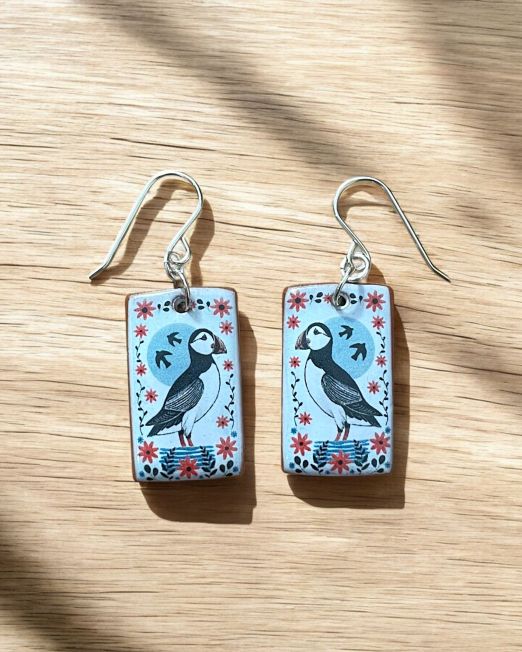 Ceramic Floral Puffin Rectangular Earrings