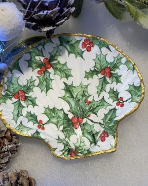 Christmas Holly Scallop Shell