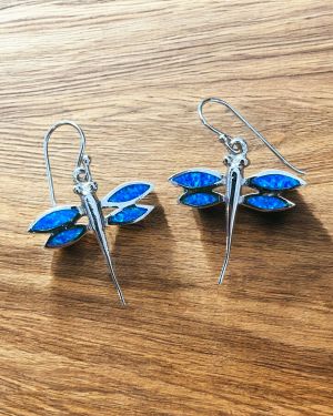 Blue Opalique Large Dragonfly Earrings