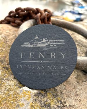 Circular Ironman Wales Slate Coaster
