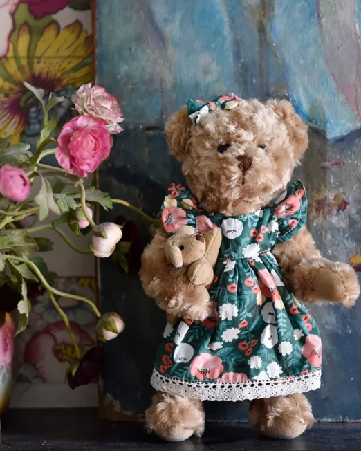 Teddy Bear Wearing A Green Woodland Floral Dress